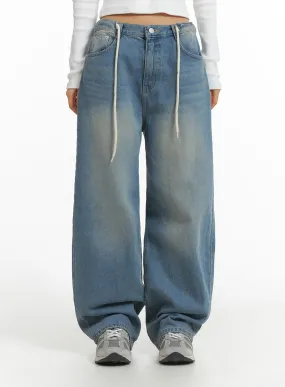 Mid Waist Wide Leg Drawstring Jeans CJ429