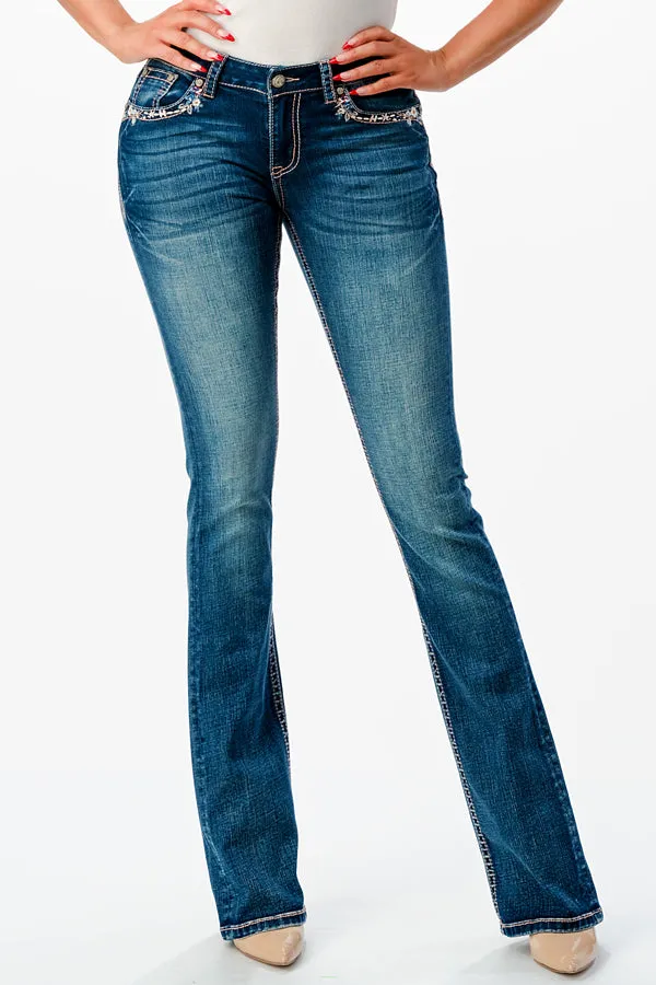 Mountain View Embroidery Mid Rise Bootcut Jeans