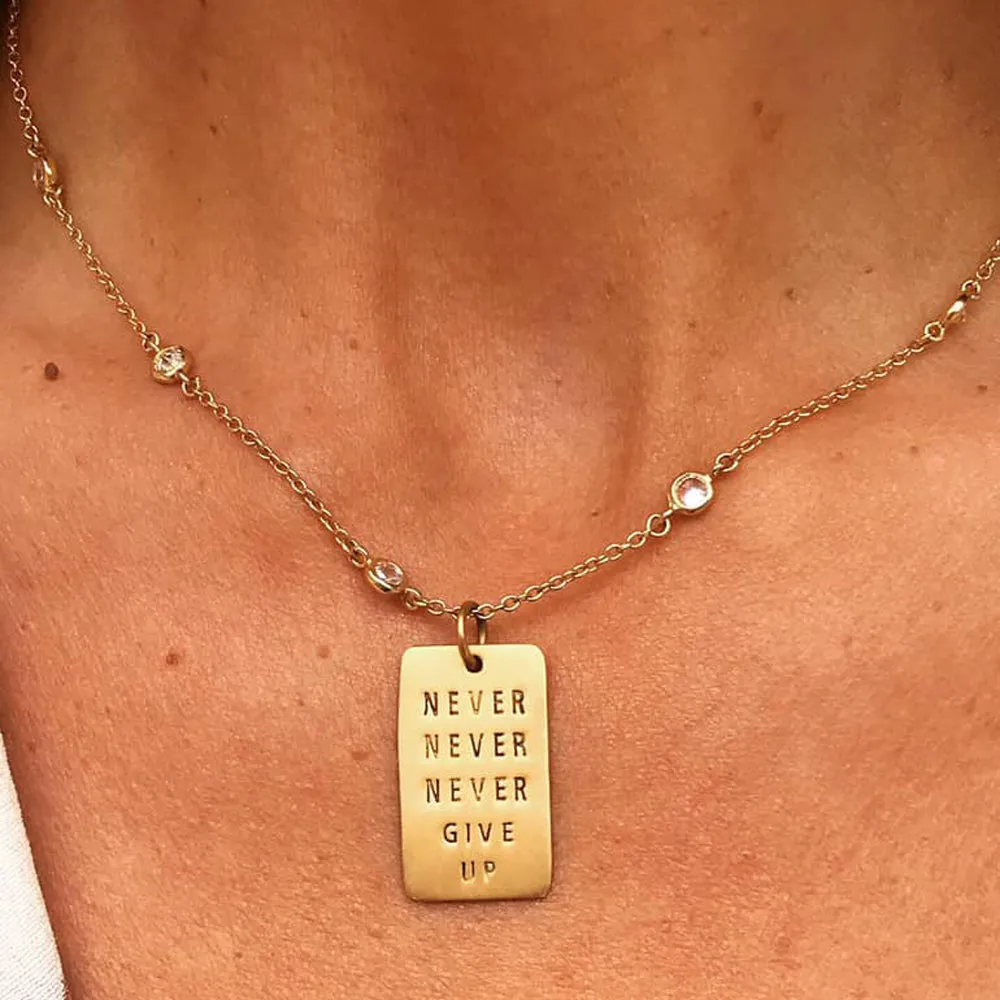 Never Give Up Dog Tag Necklace with Crystals - Gold