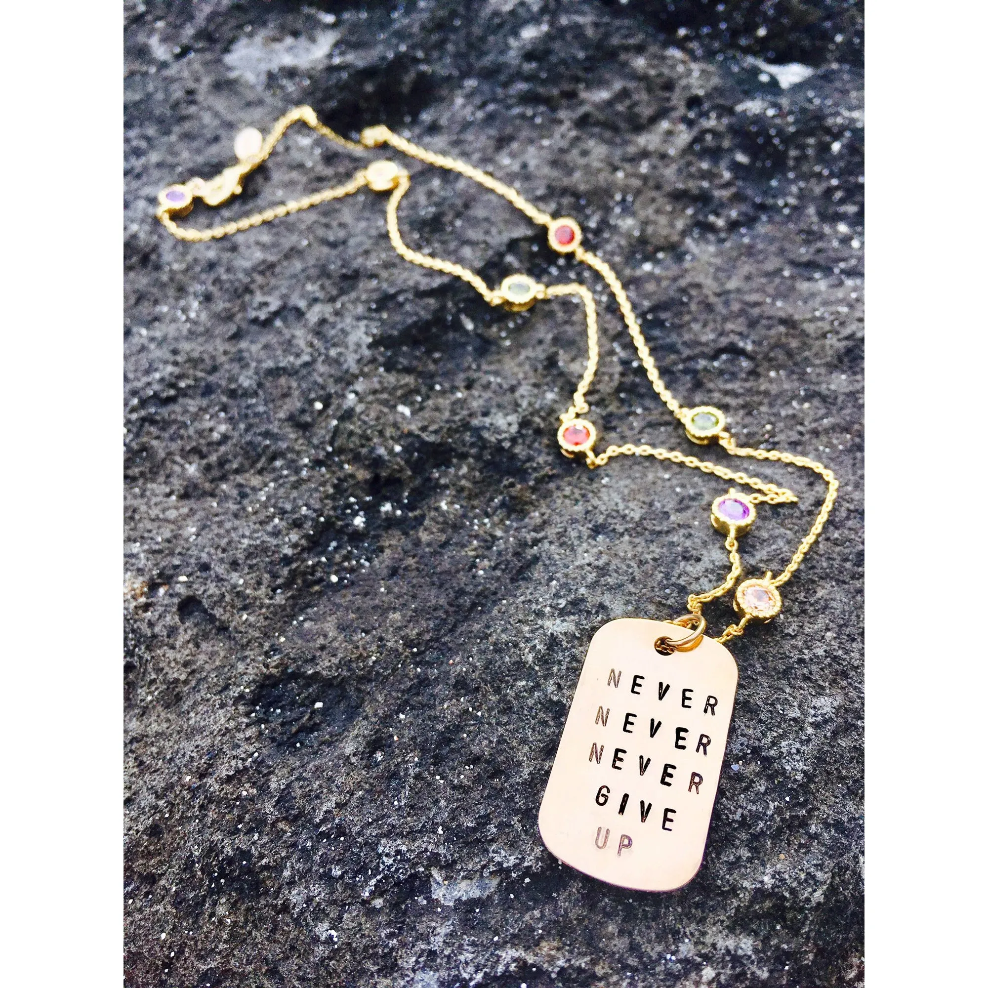 Never Give Up Dog Tag Necklace with Crystals - Gold