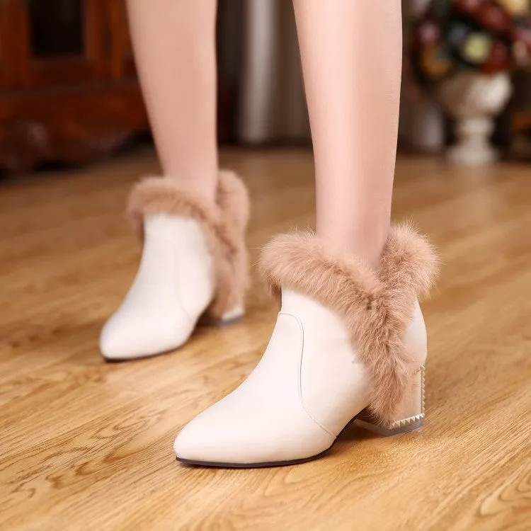 Pointed Toe Rabbit Fur Short Boots Plus Size Women Shoes 6487