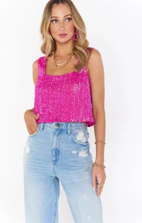 Show Me Your Mumu Tara Crop Top in Pink Disco Sequin as seen on Chloe Meadows