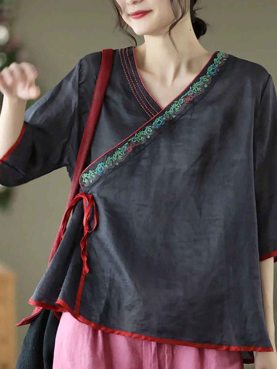 Slanted Placket Vintage Linen Summer Women Shirt