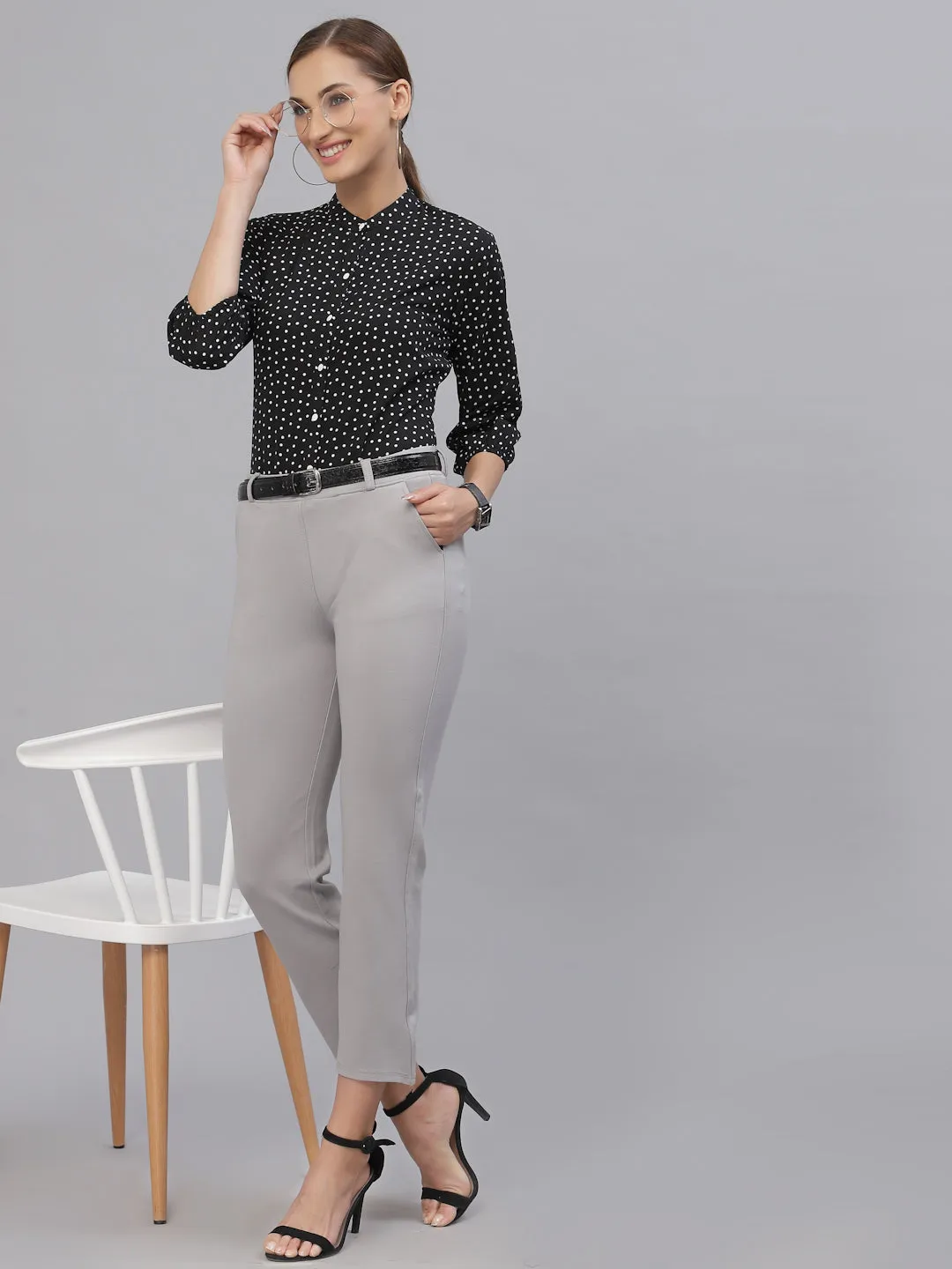 Style Quotient Women Black And White Polka Dot printed Polyester Formal Top