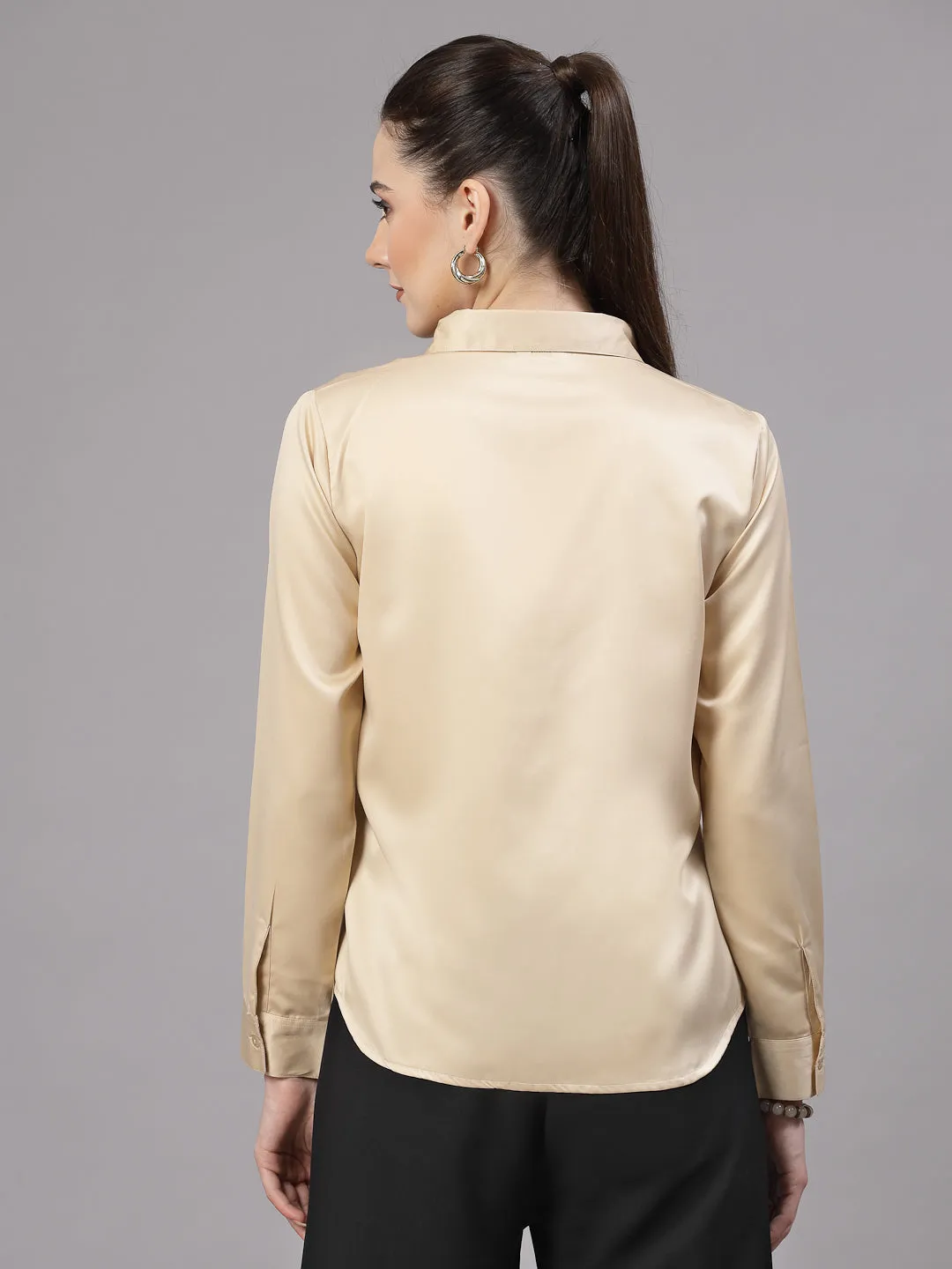 Style Quotient Women Champagne Satin Regular Formal Shirt