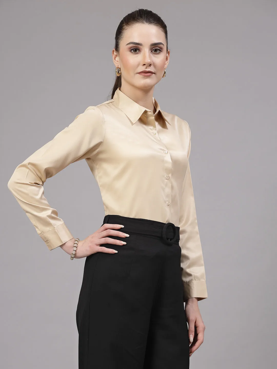 Style Quotient Women Champagne Satin Regular Formal Shirt