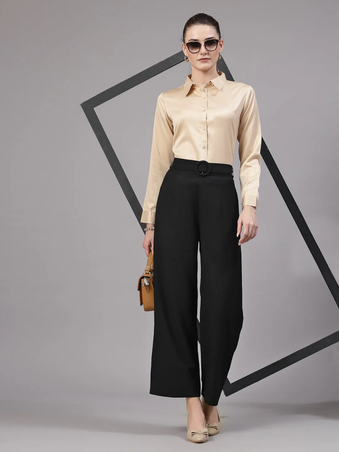 Style Quotient Women Champagne Satin Regular Formal Shirt