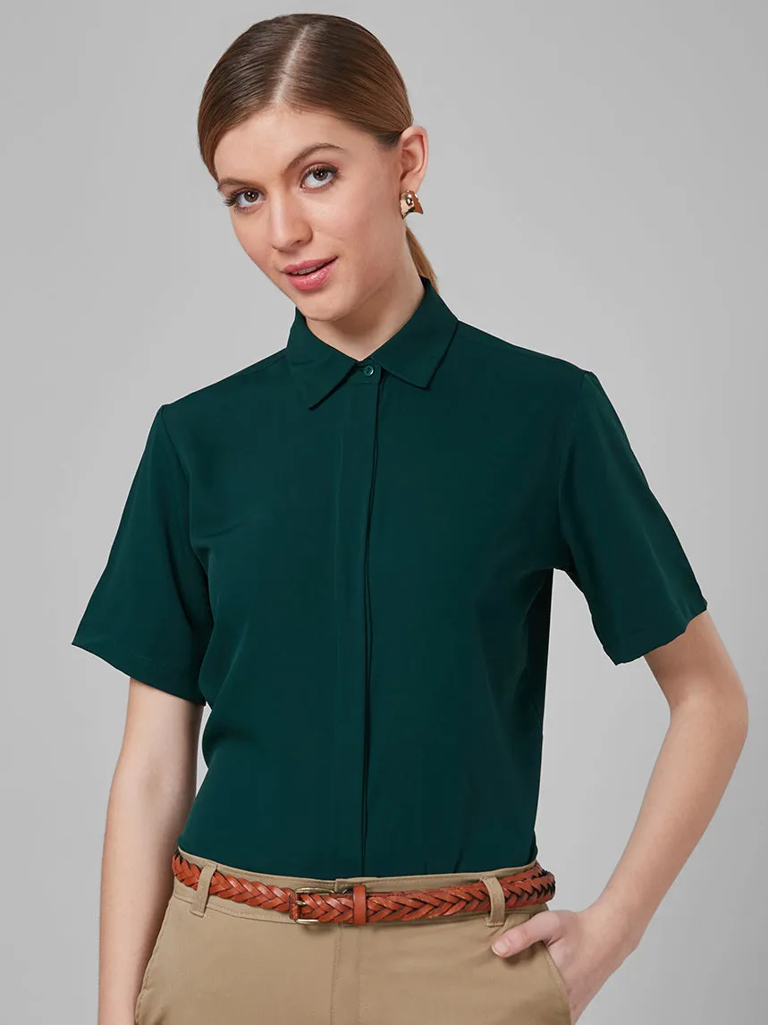 Style Quotient Women Dark Green Solid Polyester Regular Formal Shirt