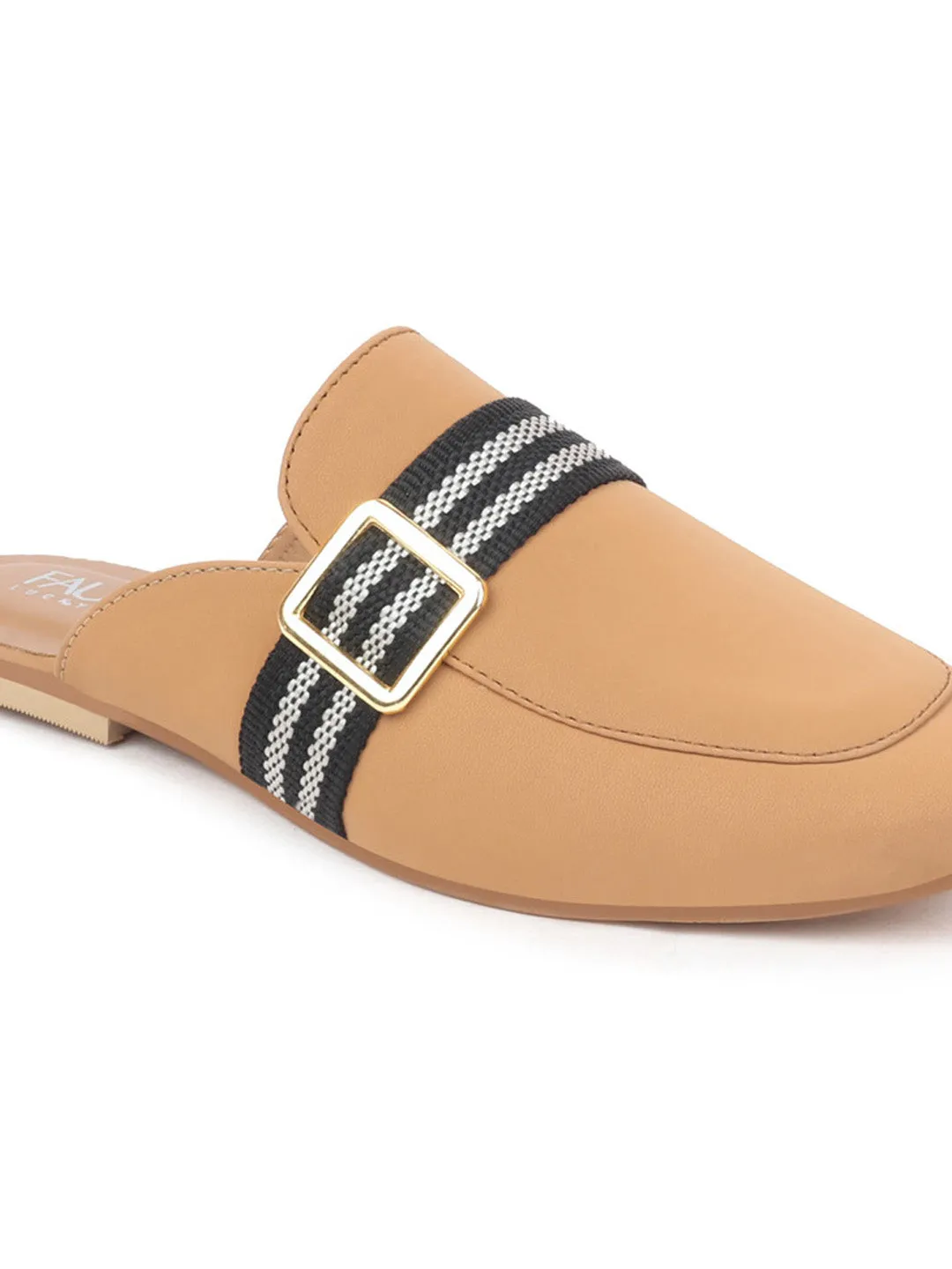 Women Beige Back Open Flat Mules with Buckle Strap