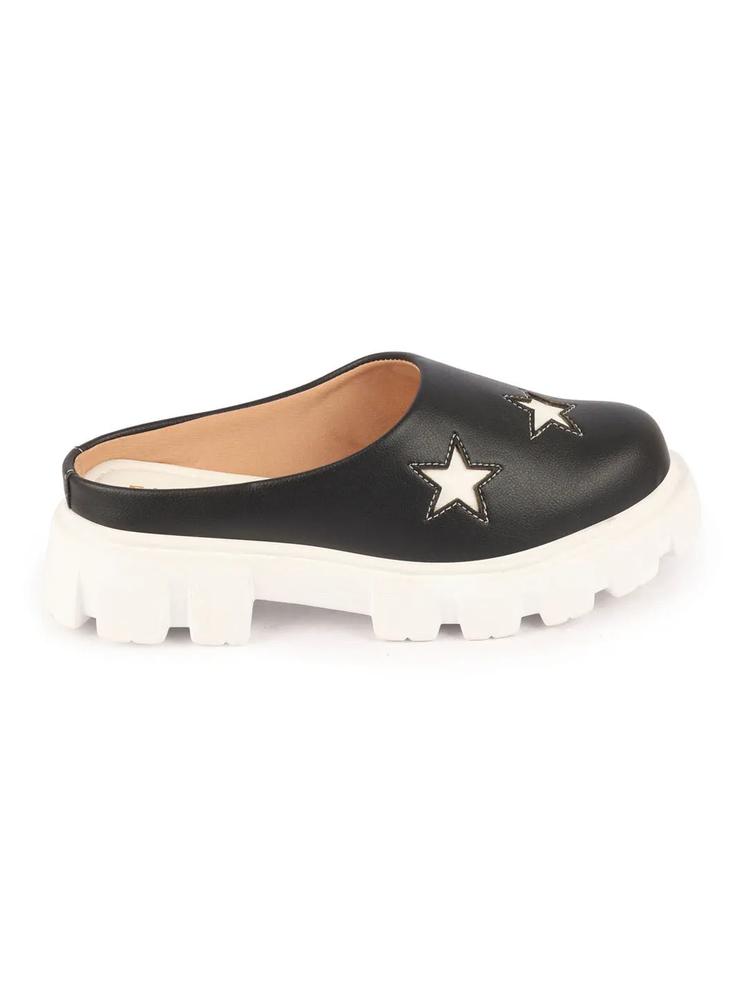 Women Black Laser Cut Star Open Back Height Enhancer Slip On Casual Shoes