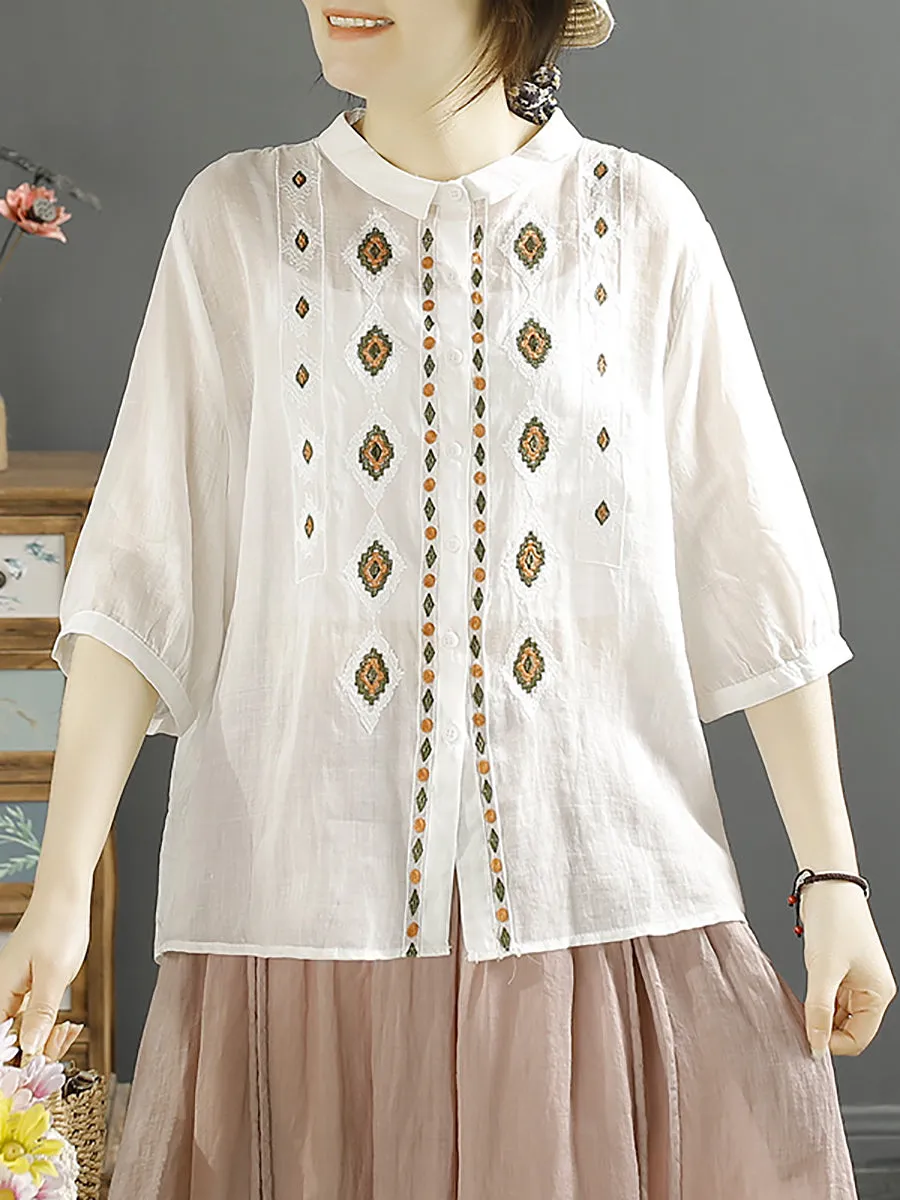 Women Ethnic Rhomboids Embroidery Ramie Button Up Blouse KL1031