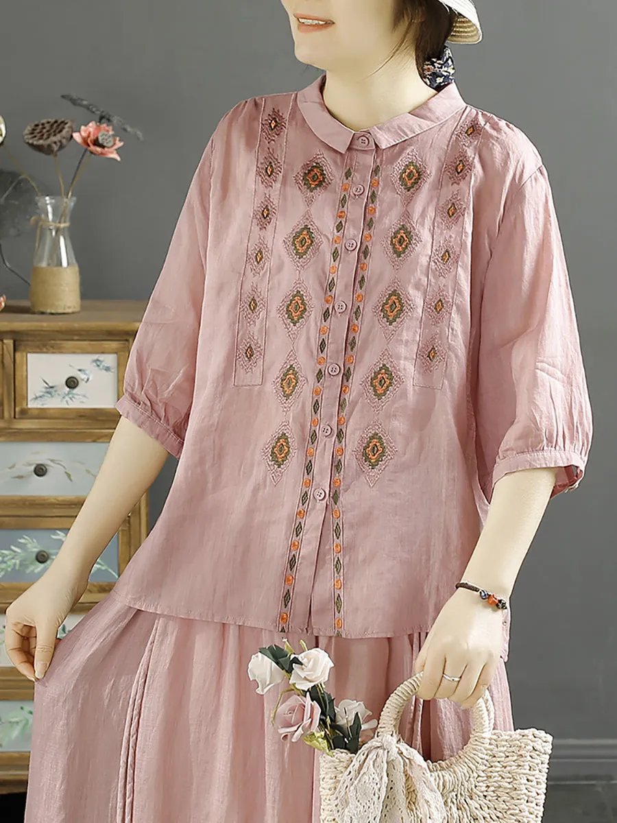 Women Ethnic Rhomboids Embroidery Ramie Button Up Blouse KL1031