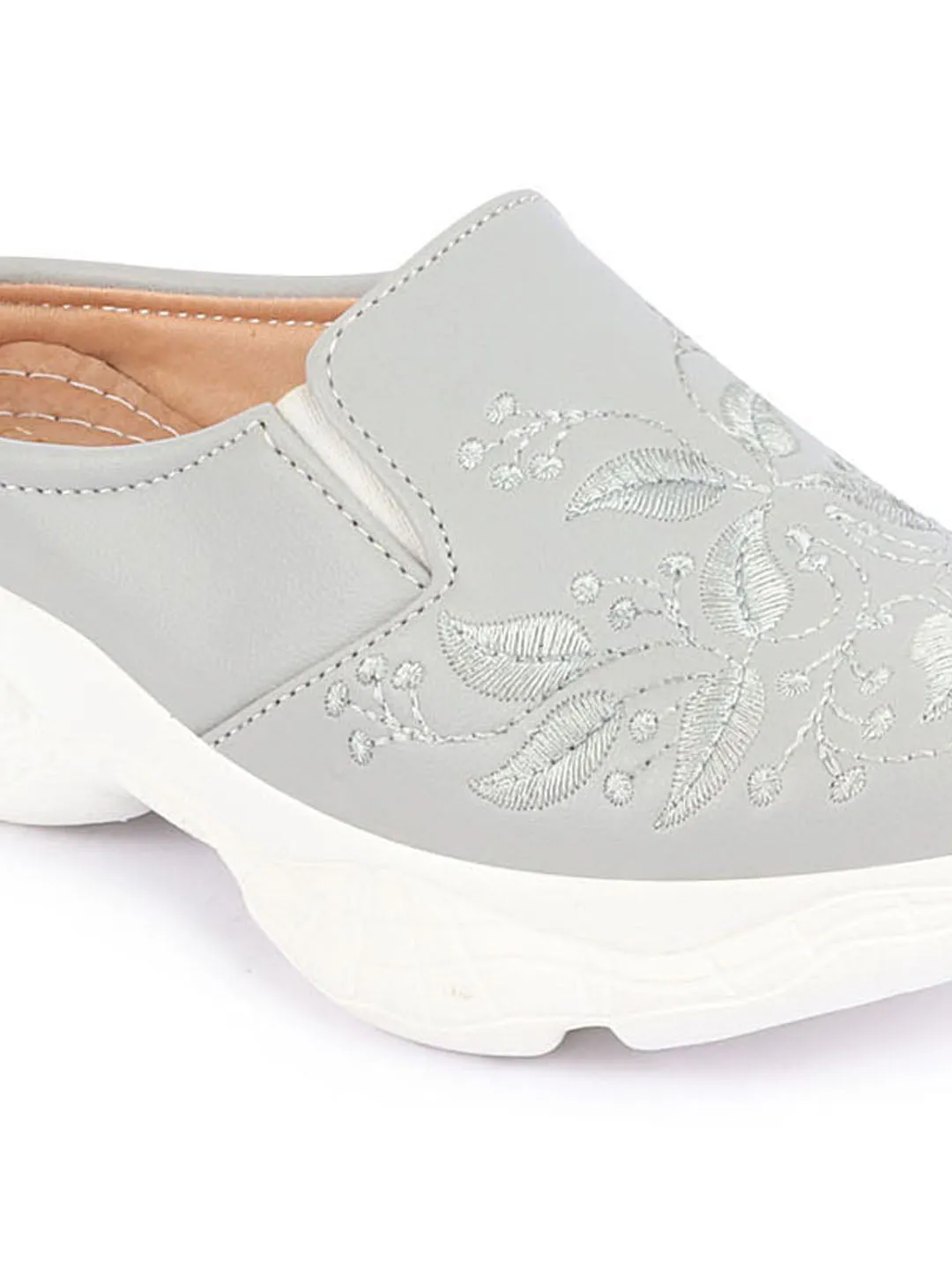 Women Grey Leaf Print Embroidery Design Back Open Slip On Mules Shoes