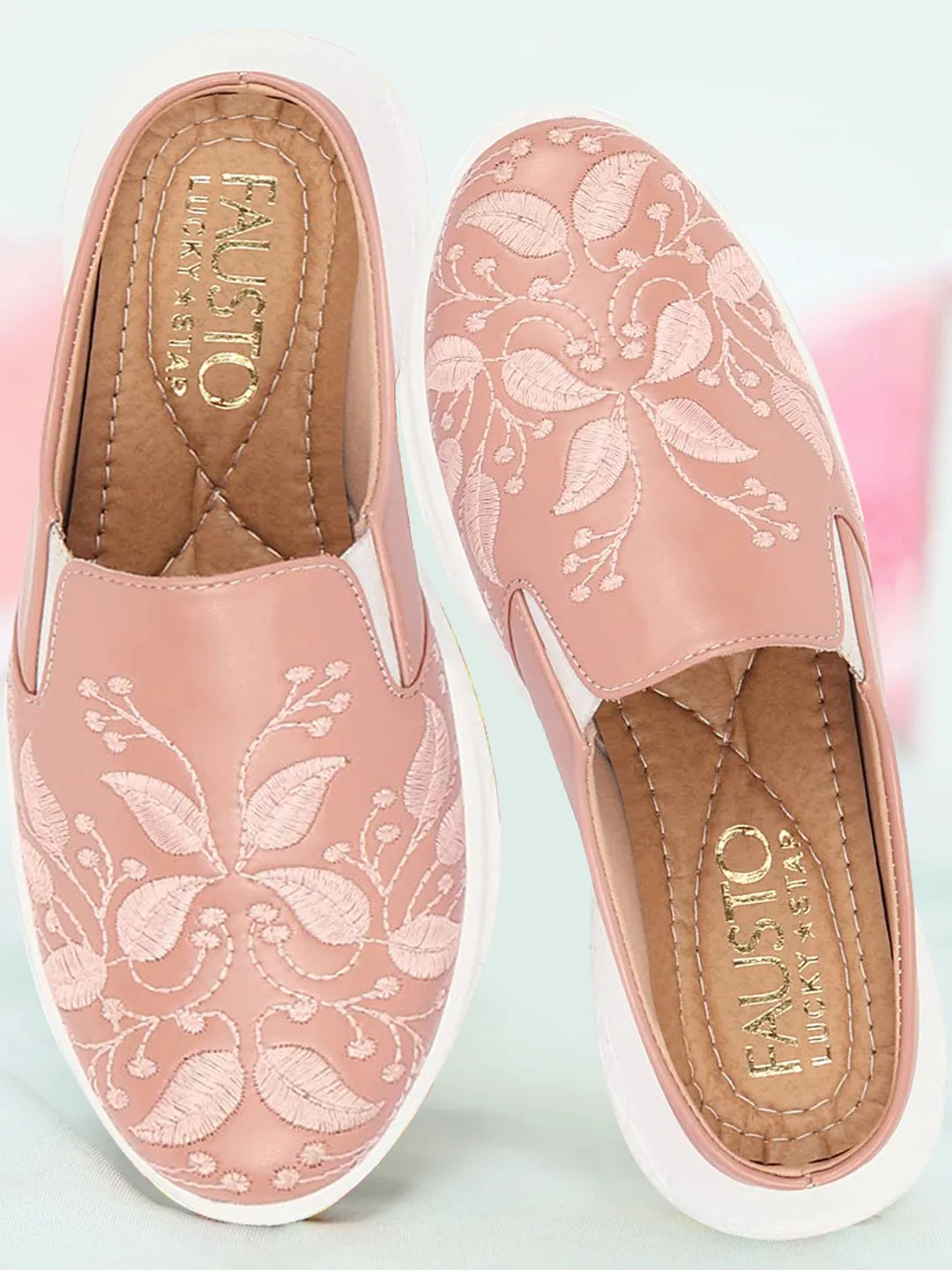 Women Peach Leaf Print Embroidery Design Back Open Slip On Mules Shoes