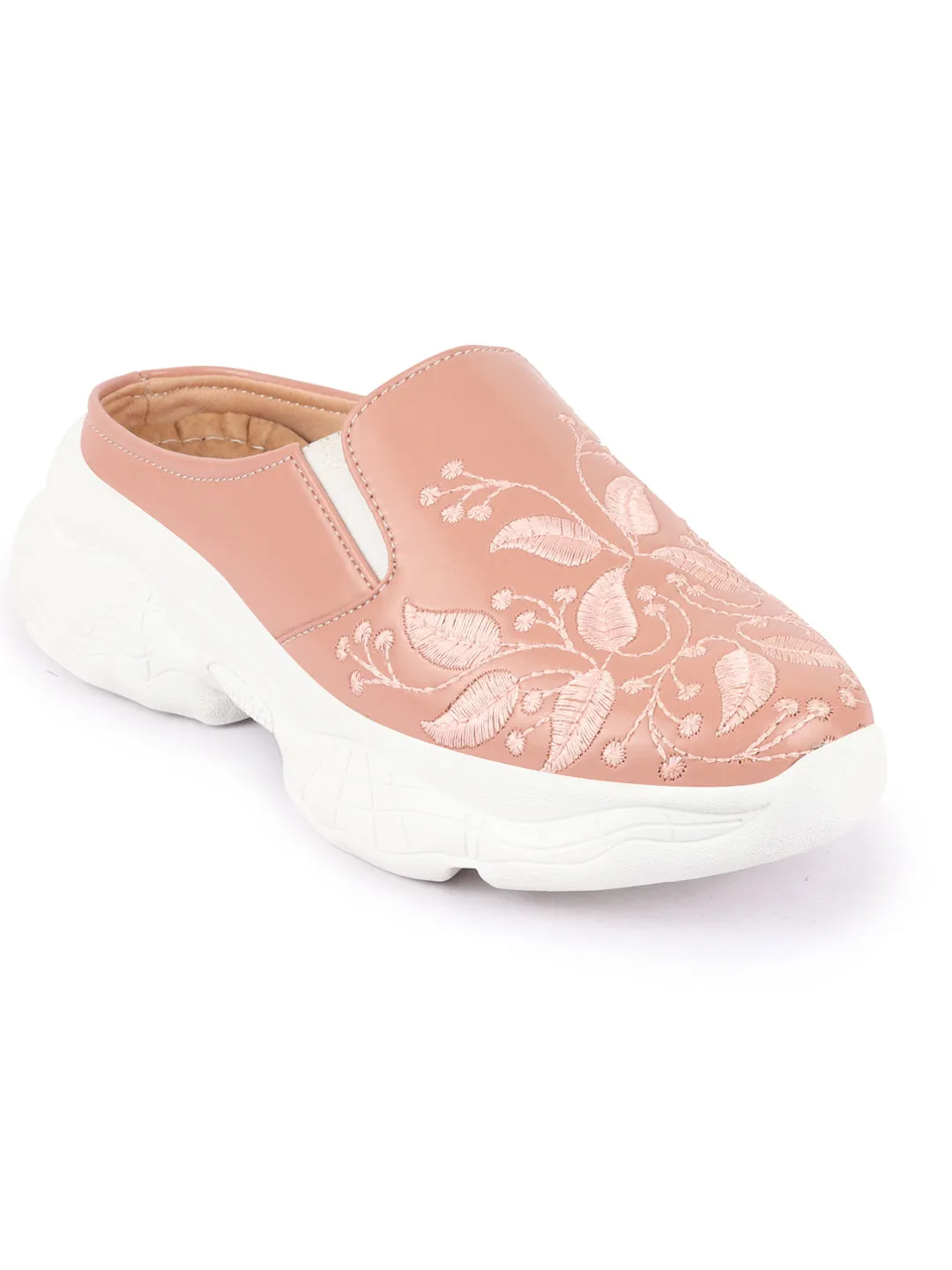 Women Peach Leaf Print Embroidery Design Back Open Slip On Mules Shoes