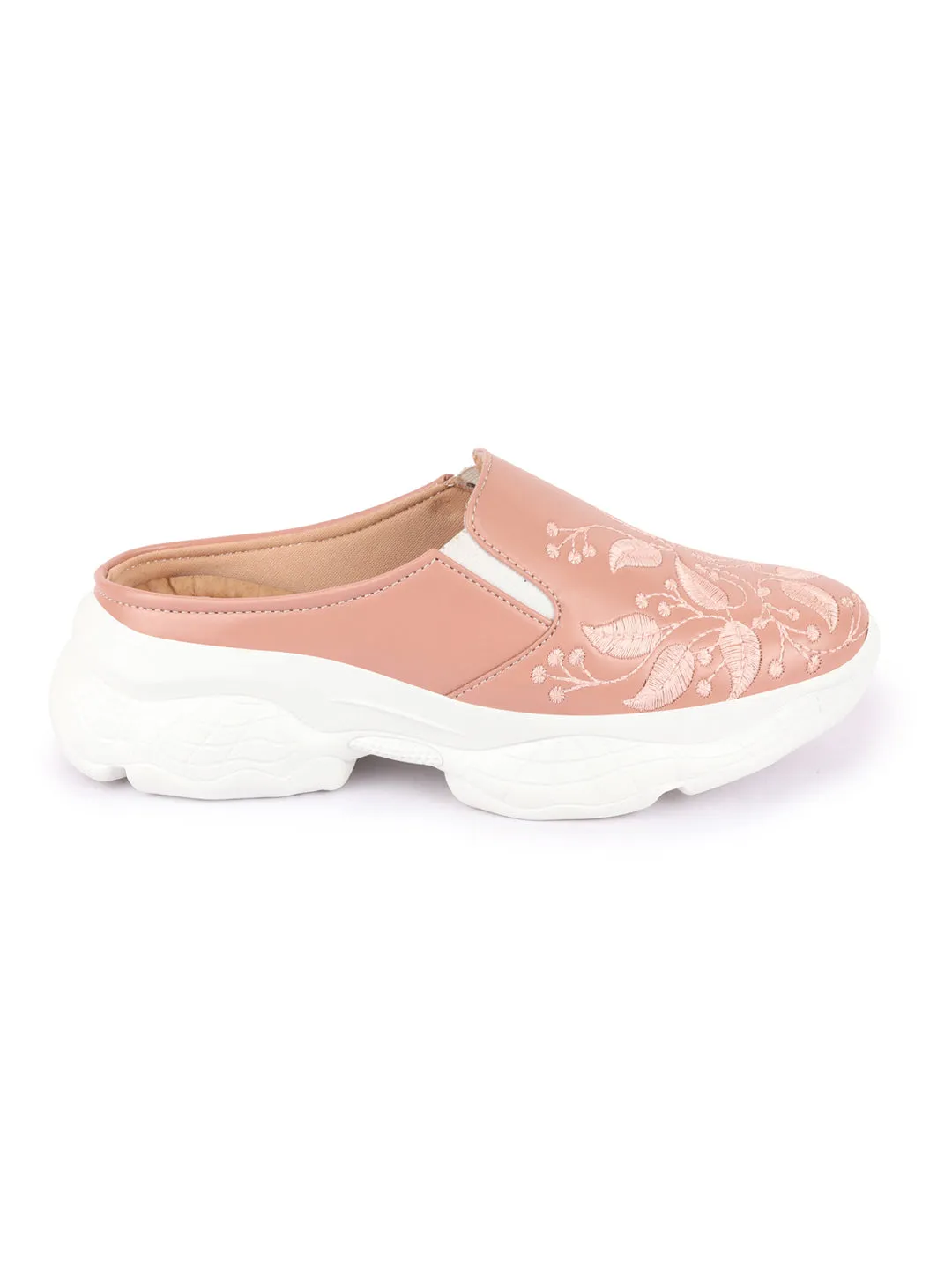 Women Peach Leaf Print Embroidery Design Back Open Slip On Mules Shoes