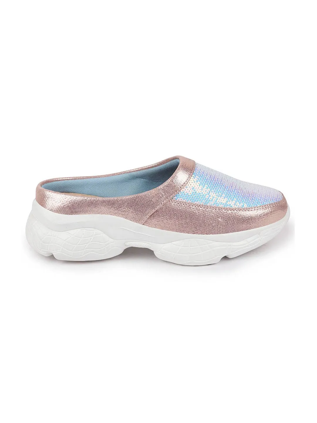 Women Pink Back Open Embellished Slip On Mules