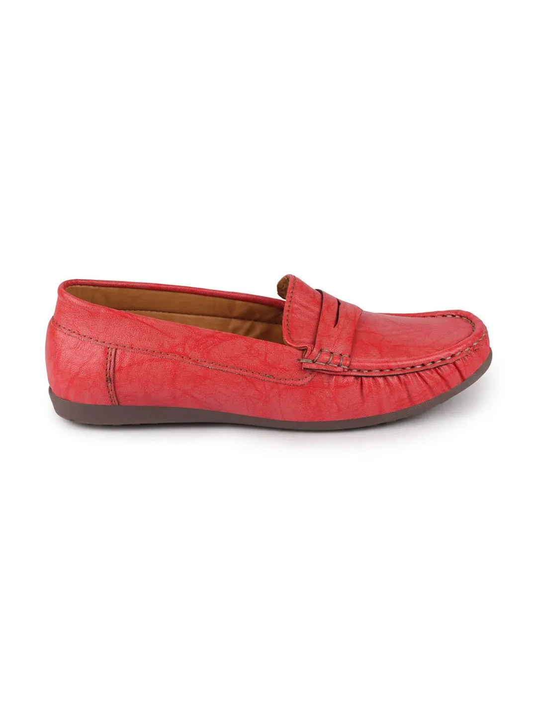 Women Red Stitched Slip On Loafers