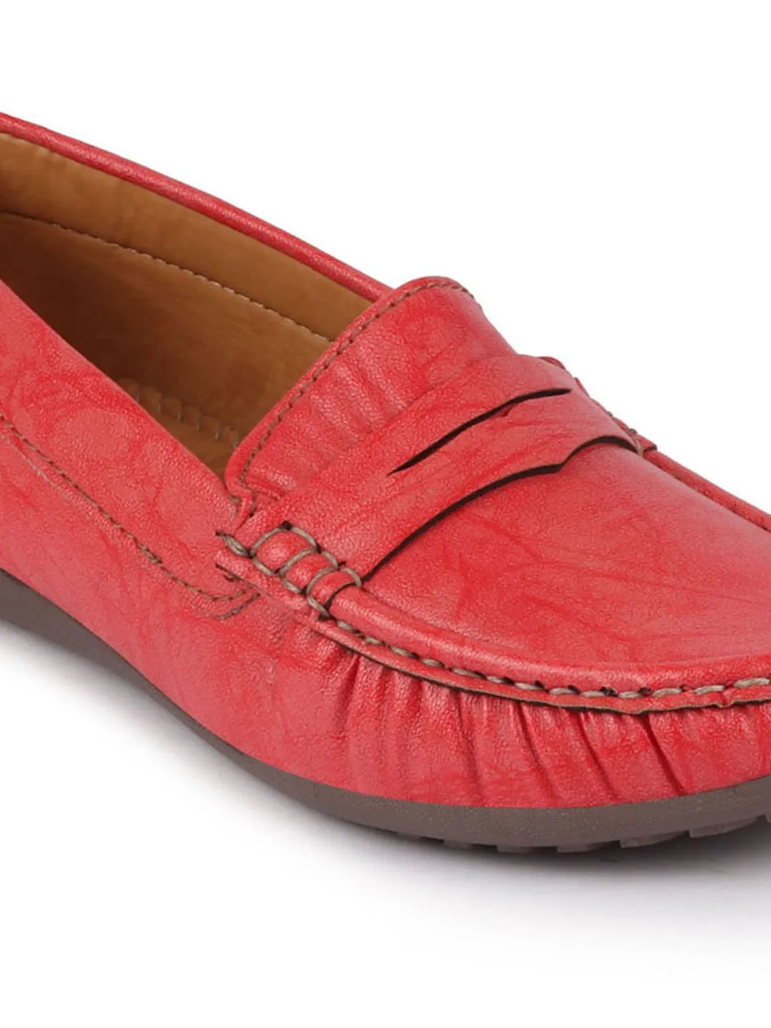 Women Red Stitched Slip On Loafers