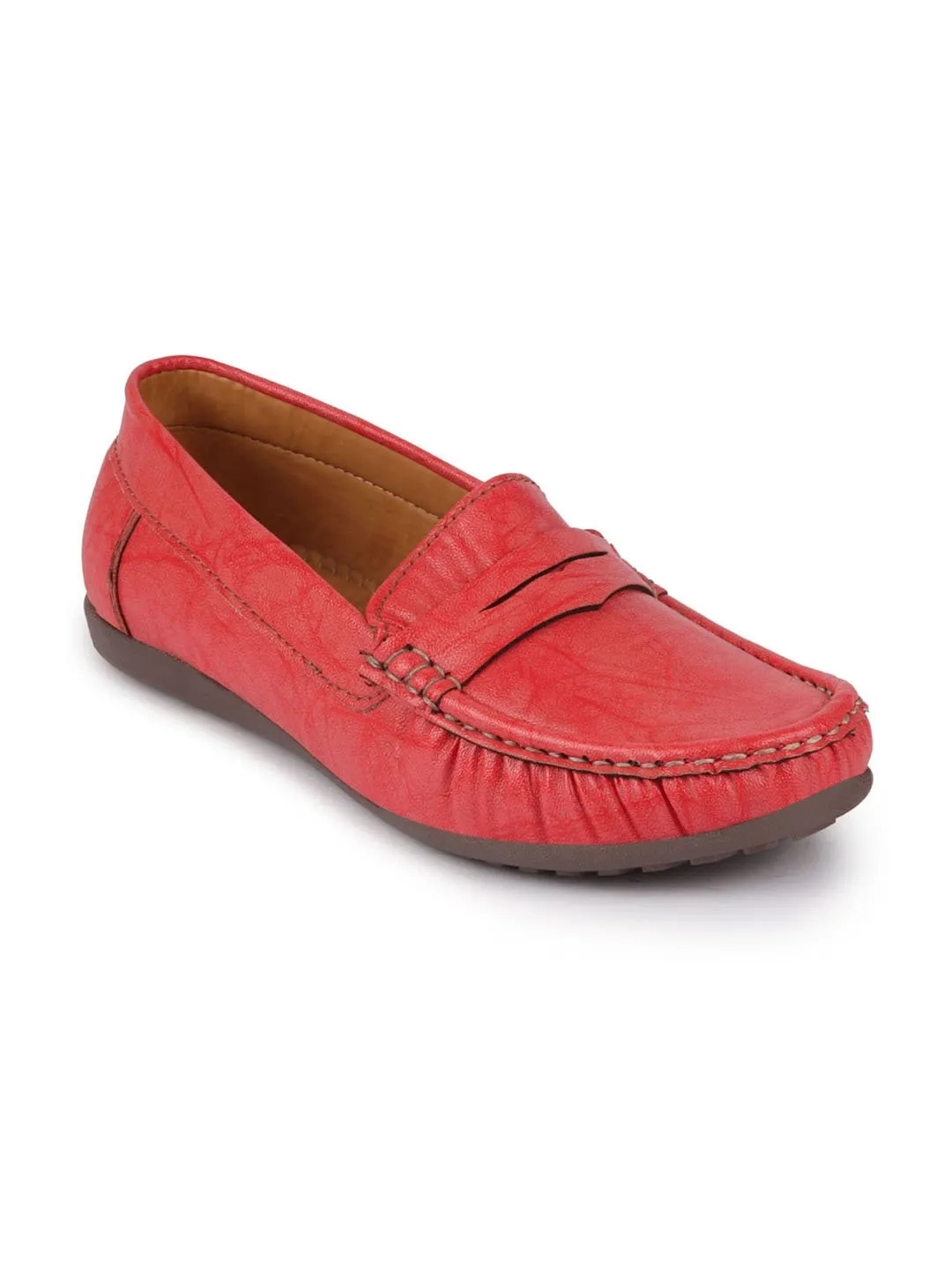 Women Red Stitched Slip On Loafers