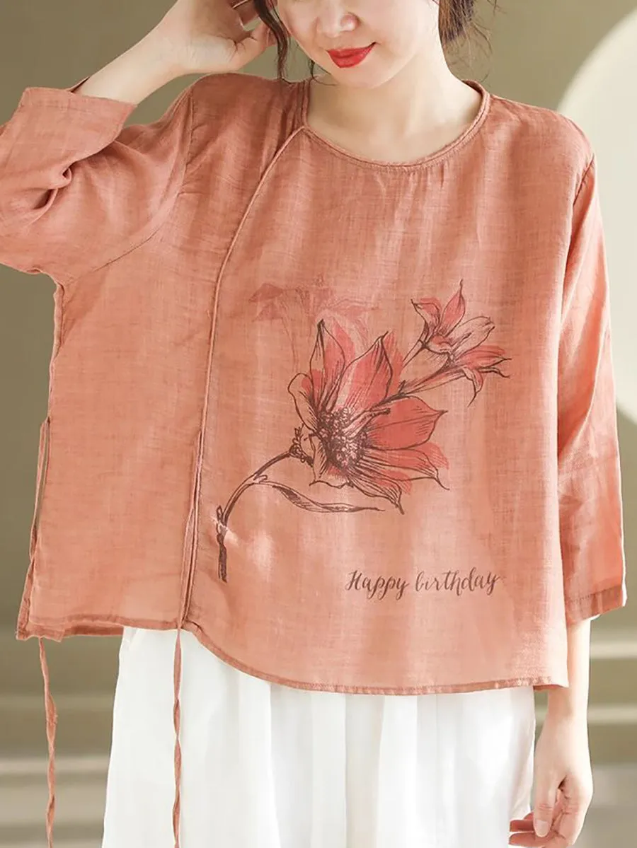 Women Spring Flower Vintage Strap Ramie Blouse PA1032