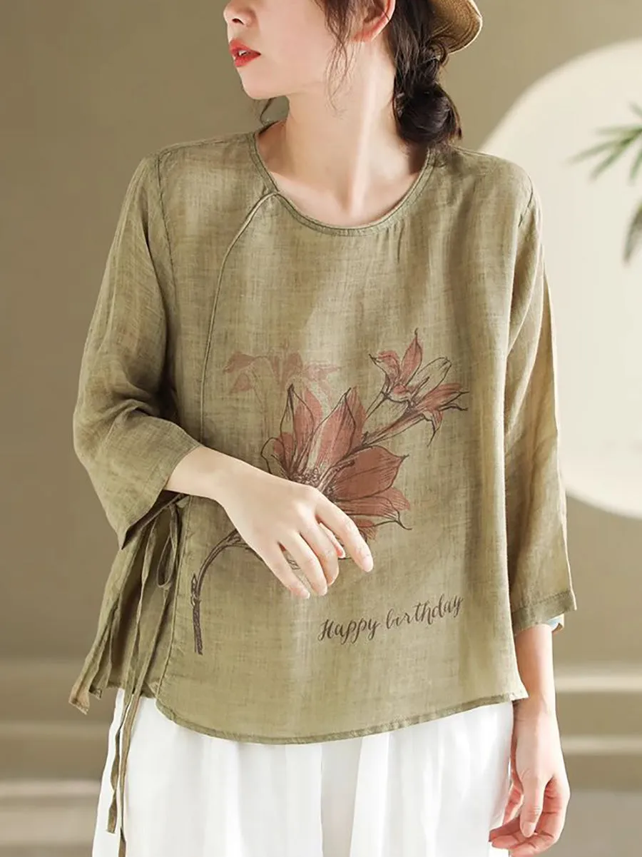 Women Spring Flower Vintage Strap Ramie Blouse PA1032