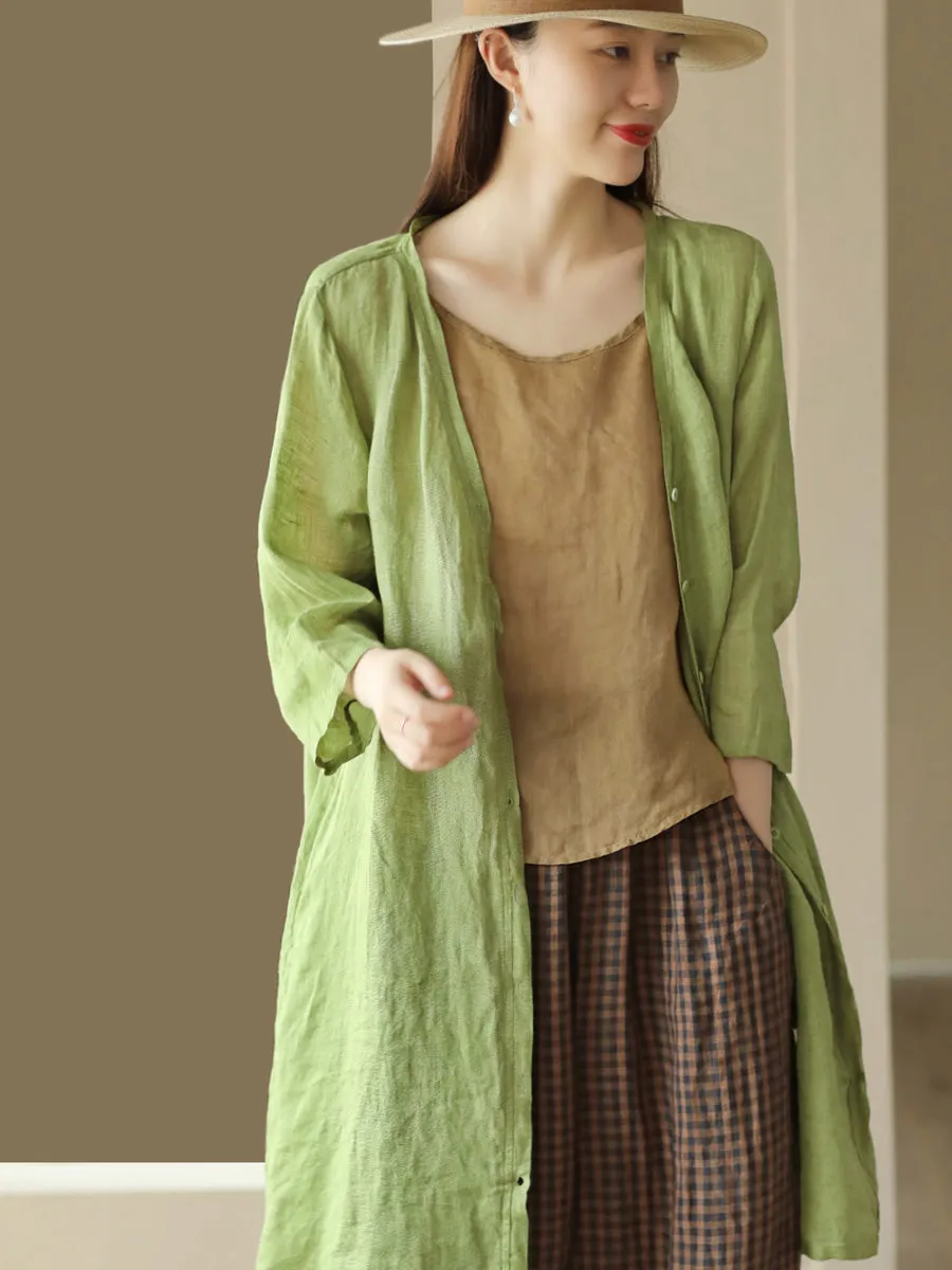 Women Summer Casual Solid Linen Button-up Long Shirt SC1033