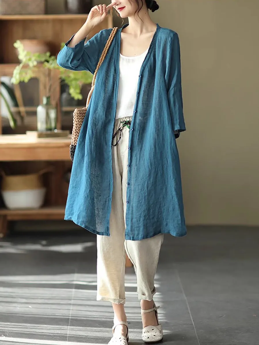 Women Summer Casual Solid Linen Button-up Long Shirt SC1033