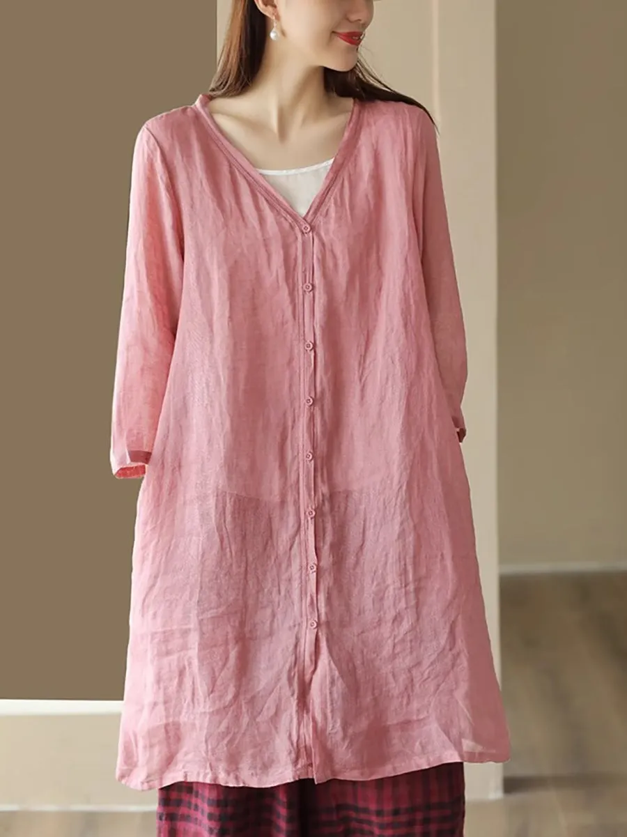 Women Summer Casual Solid Linen Button-up Long Shirt SC1033