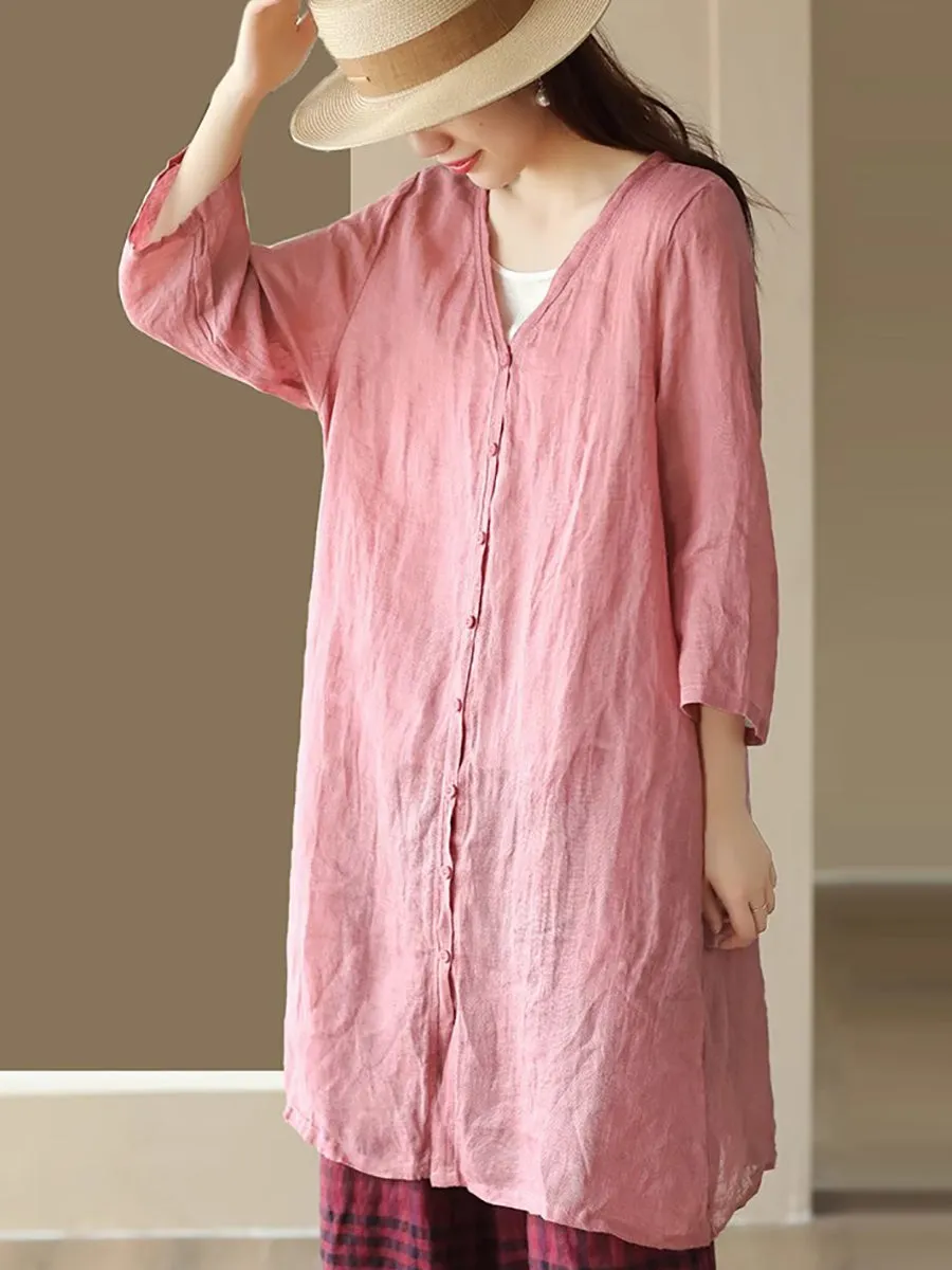 Women Summer Casual Solid Linen Button-up Long Shirt SC1033