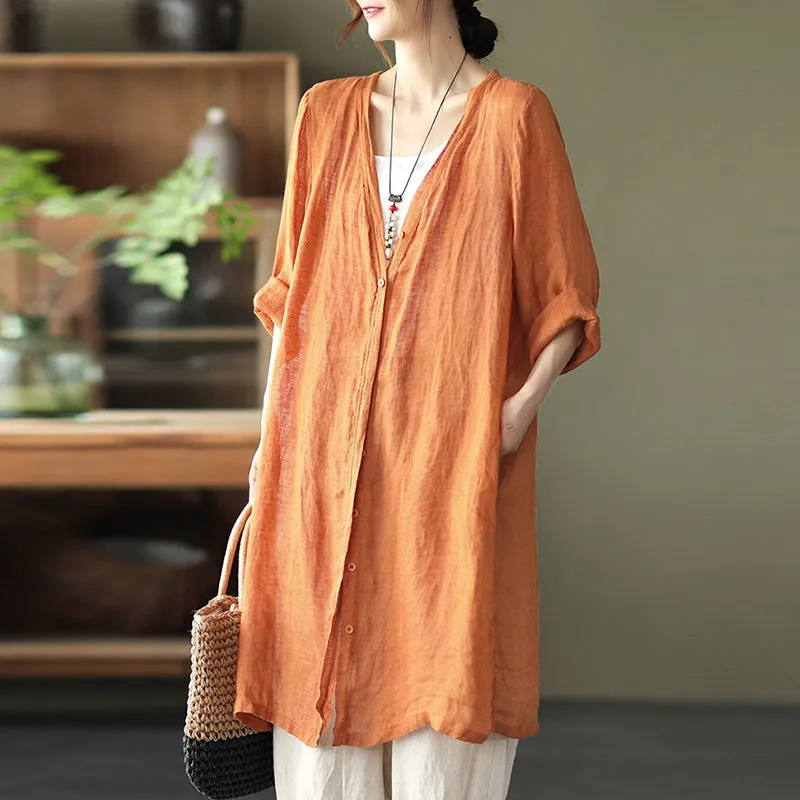 Women Summer Casual Solid Linen Button-up Long Shirt SC1033