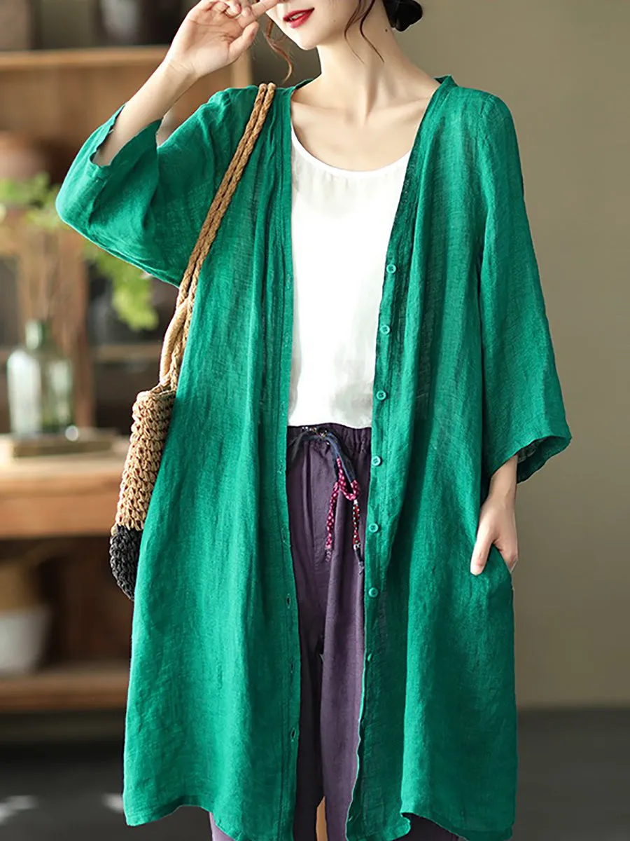 Women Summer Casual Solid Linen Button-up Long Shirt SC1033