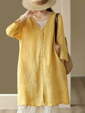 Women Summer Casual Solid Linen Button-up Long Shirt SC1033