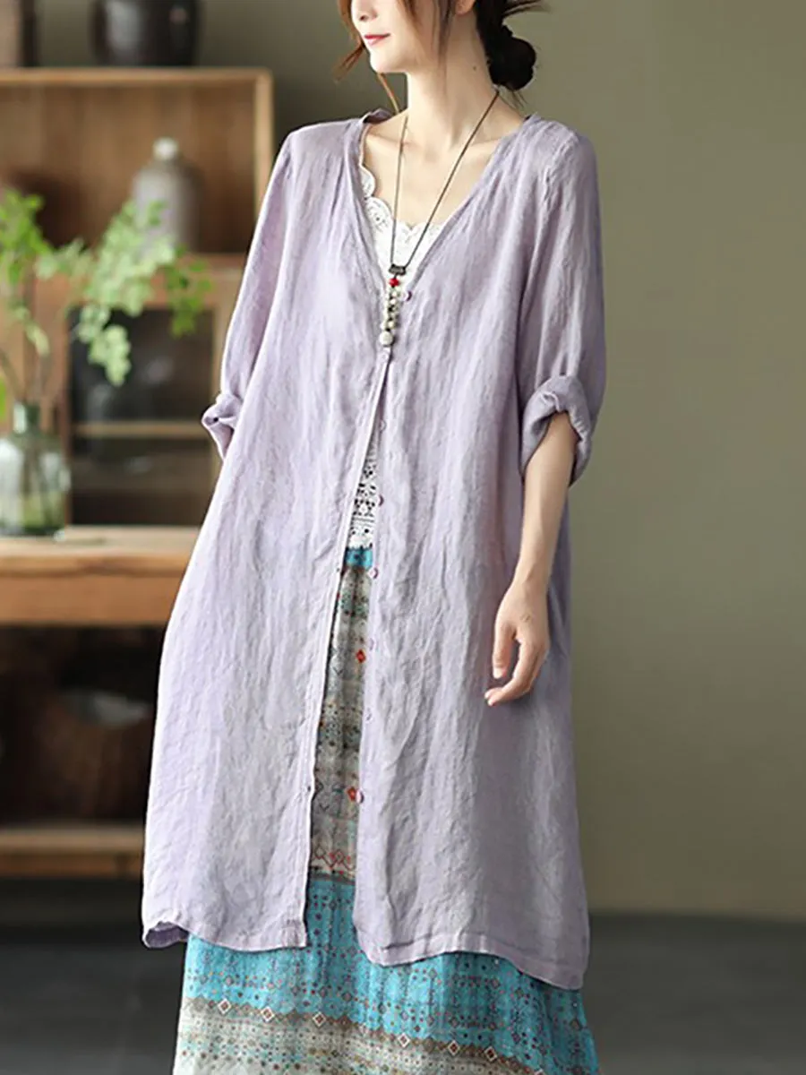 Women Summer Casual Solid Linen Button-up Long Shirt SC1033