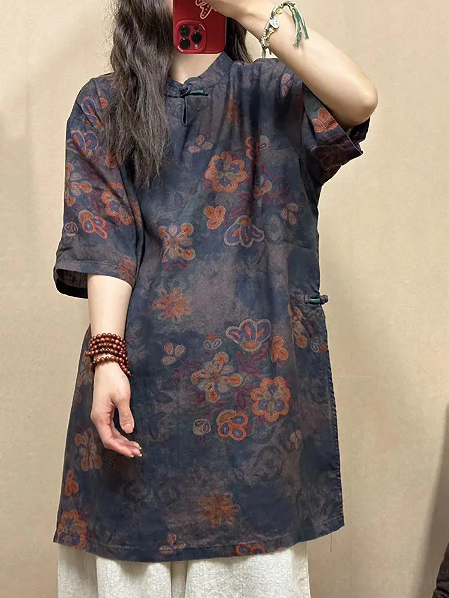 Women Vintage Flower Linen Summer Long Shirt CO1015