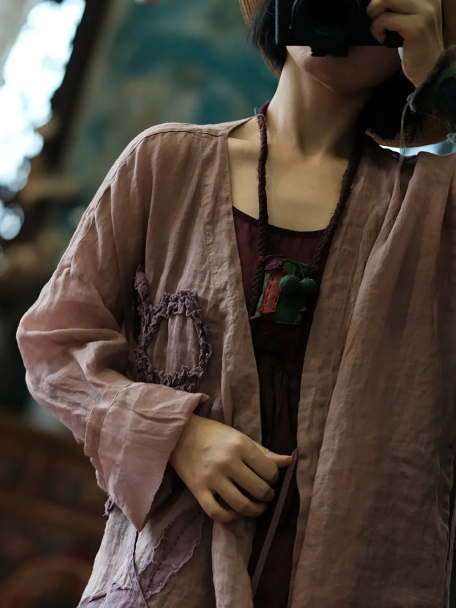 Women Vintage Flower Spliced Summer Strap Ramie Shirt KL1015