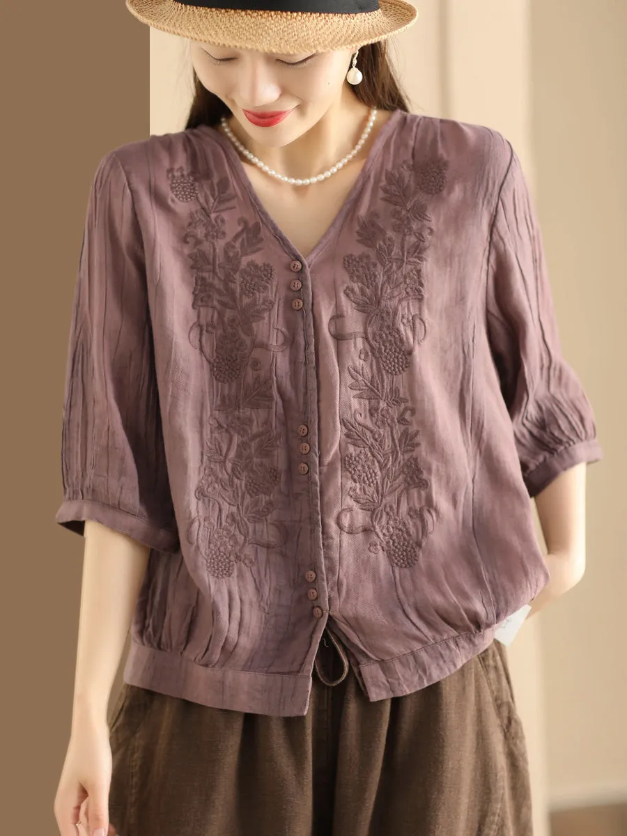 Women Vintage Summer Embroidery V-Neck Ramie Shirt PA1003