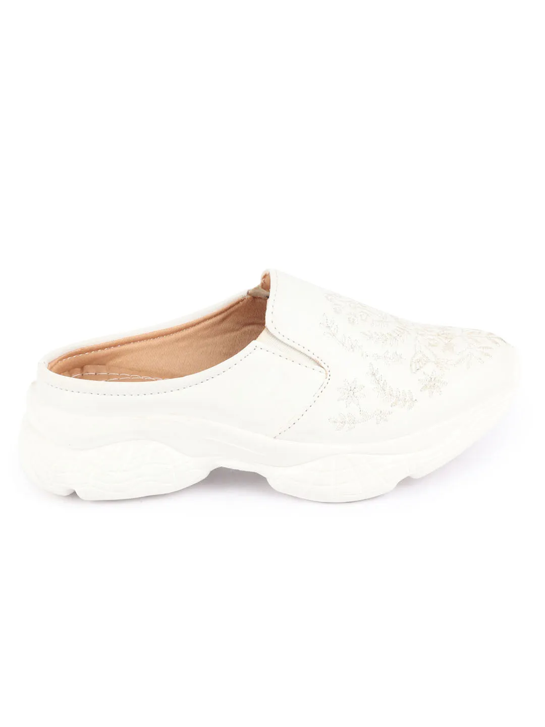 Women White Floral Print Embroidery Design Back Open Slip On Mules Shoes