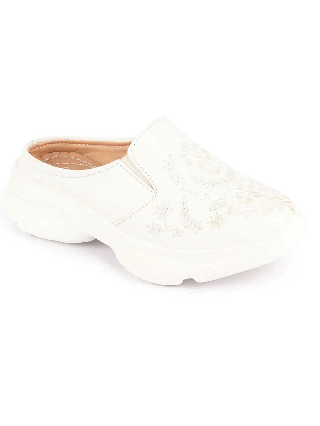 Women White Floral Print Embroidery Design Back Open Slip On Mules Shoes