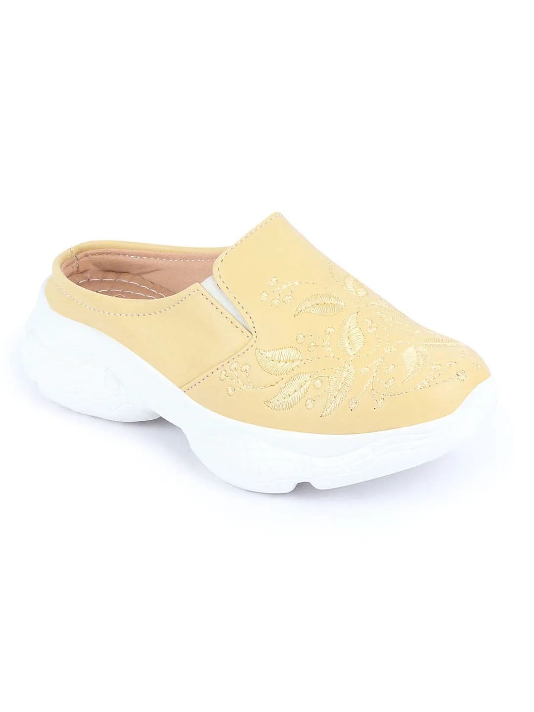 Women Yellow Leaf Print Embroidery Design Back Open Slip On Mules Shoes