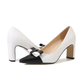 Women's Bicolor Bow Tie Pointed Toe Shallow Chunky Heel Pumps