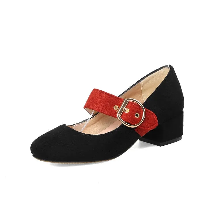 Women's Bicolor Buckle Straps Mary Janes Block Heel Pumps