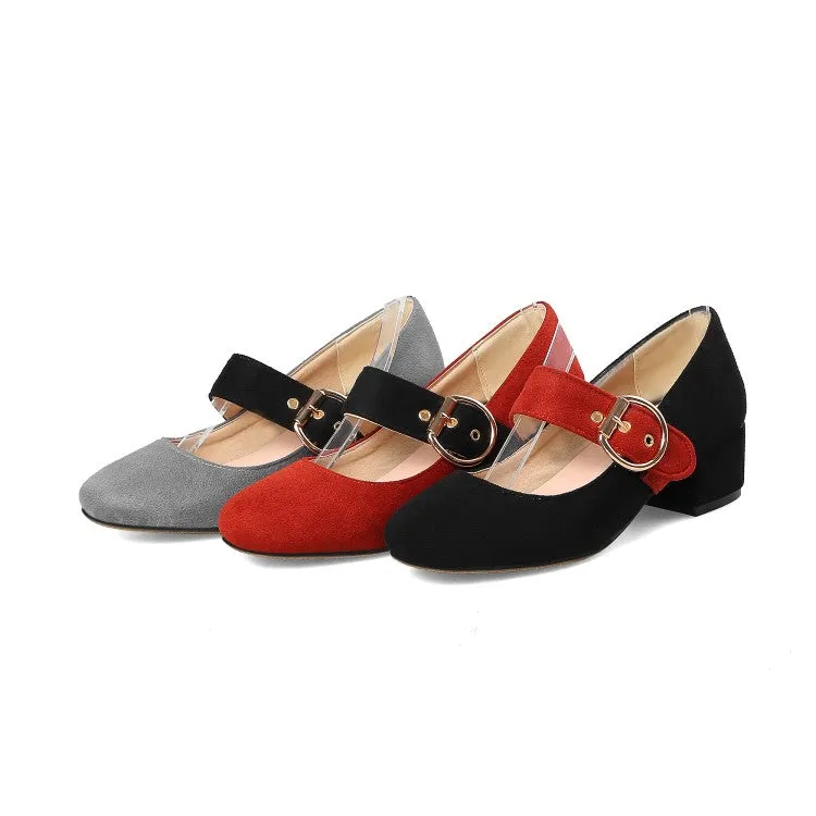 Women's Bicolor Buckle Straps Mary Janes Block Heel Pumps