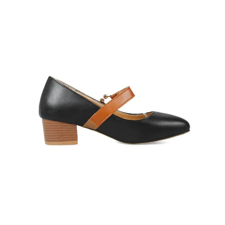 Women's Bicolor Mary Janes Block Heel Pumps