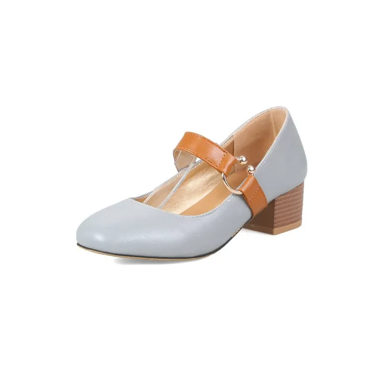 Women's Bicolor Mary Janes Block Heel Pumps