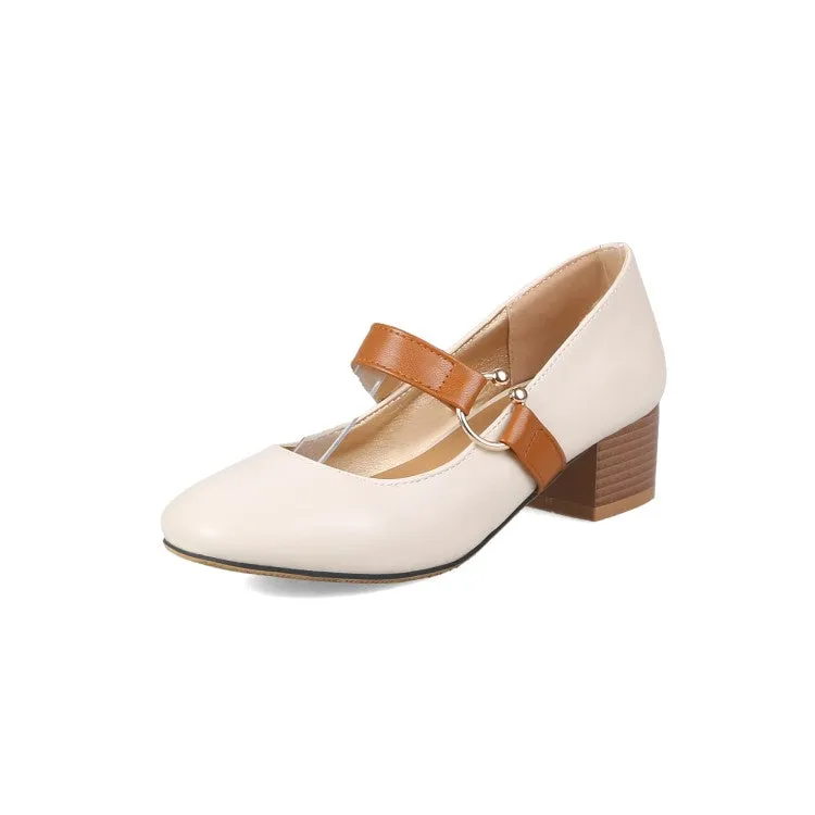 Women's Bicolor Mary Janes Block Heel Pumps