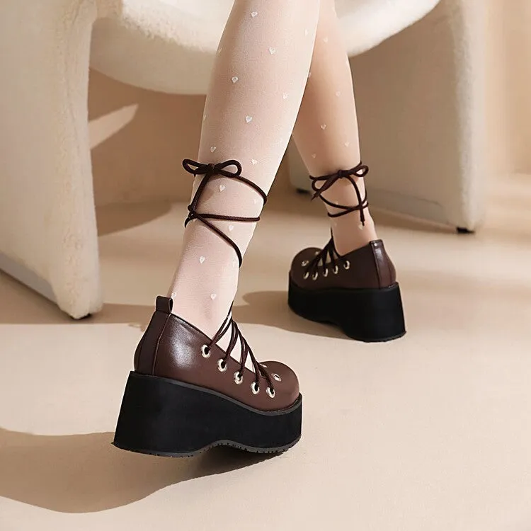 Women's Crossed Tied Straps Wedge Heel Platform Pumps