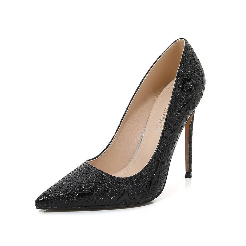 Sure! Heres an optimized title for the product:

Elegant Womens Embossed Pointed Toe Stiletto Heel Pumps - Chic and Stylish Footwear for Any Occasion