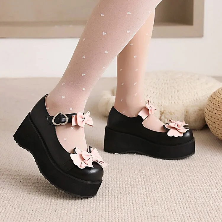 Women's Lolita Round Toe Bow Tie Wedge Heel Platform Pumps