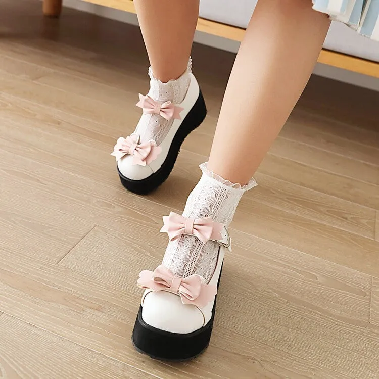 Women's Lolita Round Toe Bow Tie Wedge Heel Platform Pumps